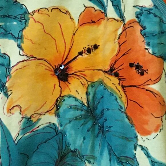 Cactus Faux Wrap Hawaiian Orange Hibiscus Tropical Sequin & Cotton Top - Picture 5 of 15
